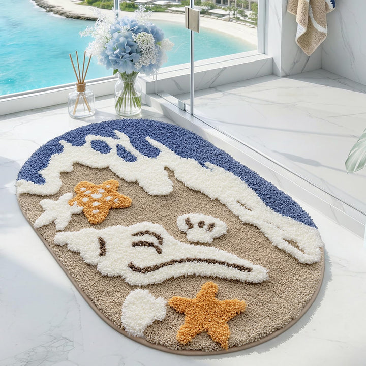 DEXI Ovale Badezimmerteppich 54 x 86 cm, Badematte rutschfest Absorbierende mit Seestern-Strand Must