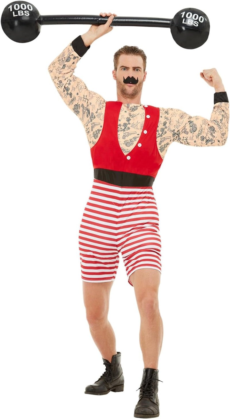 Deluxe Strongman Costume, Red & White, with Short Jumpsuit & Moustache, (M) 38-40 Rot / Weiss, 38-40