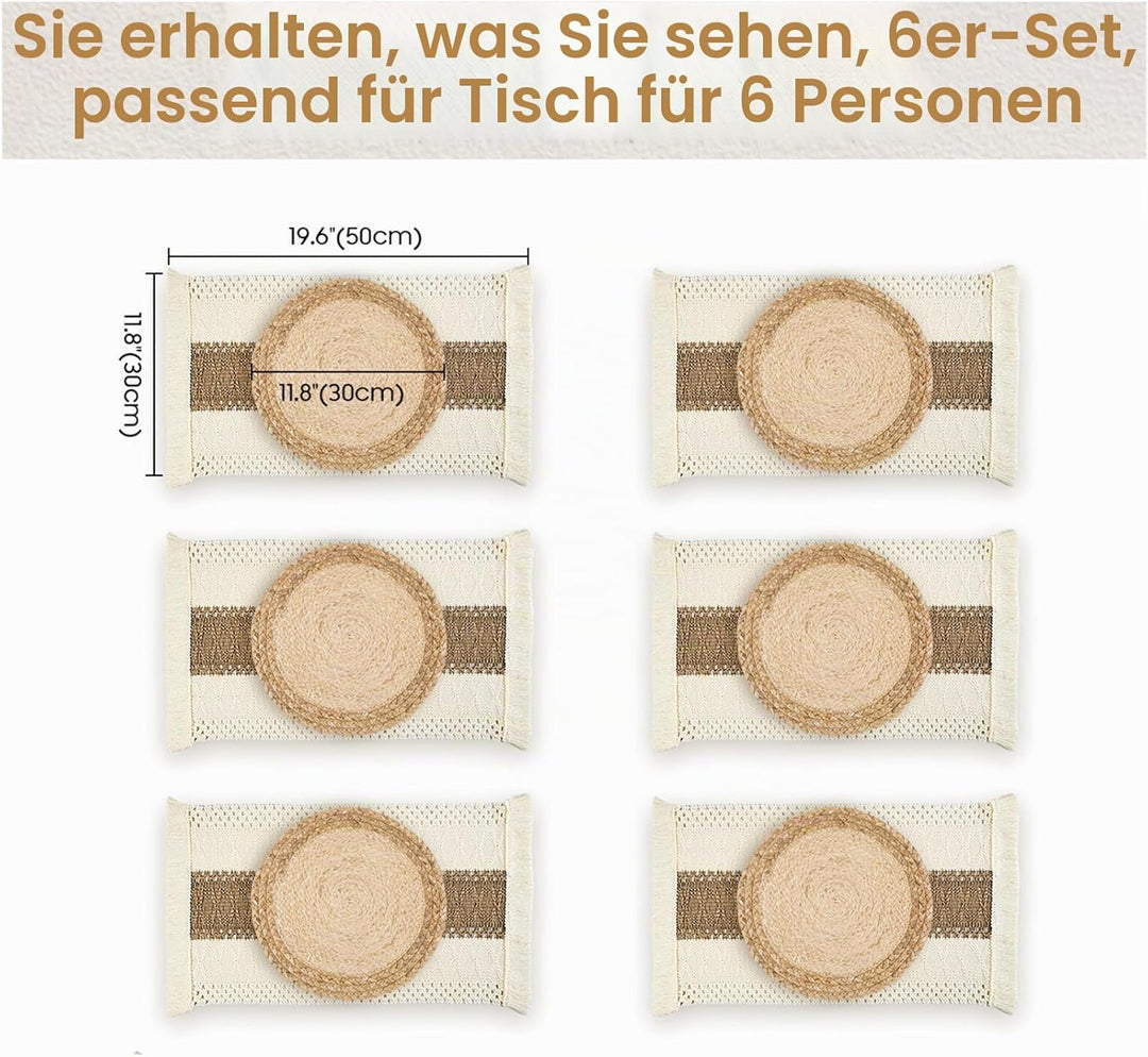 Zology Handgefertigtes Boho-Tischsets, 6er-Set, natürliche Baumwolle, Jute und Wasserstroh, gewebte