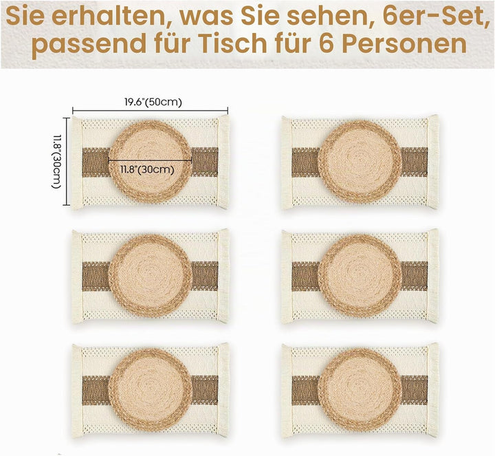 Zology Handgefertigtes Boho-Tischsets, 6er-Set, natürliche Baumwolle, Jute und Wasserstroh, gewebte