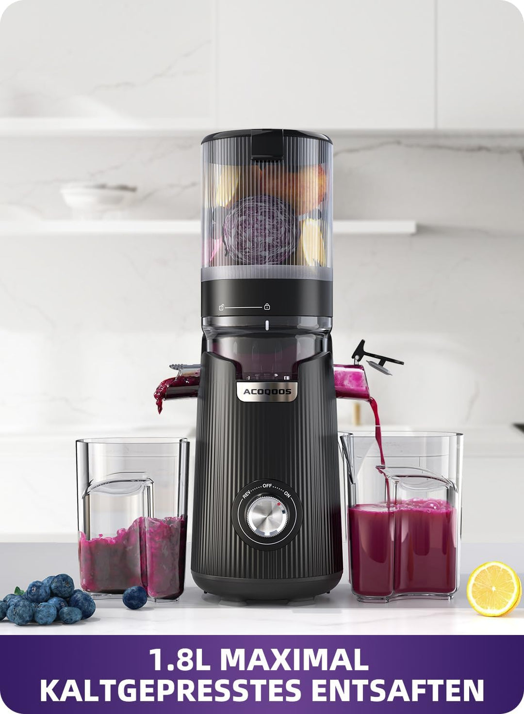 ACOQOOS Entsafter, Entsafter für Ganze Gemüse und Obst, 135 mm Breite und Grössere Fütterungsröhre,