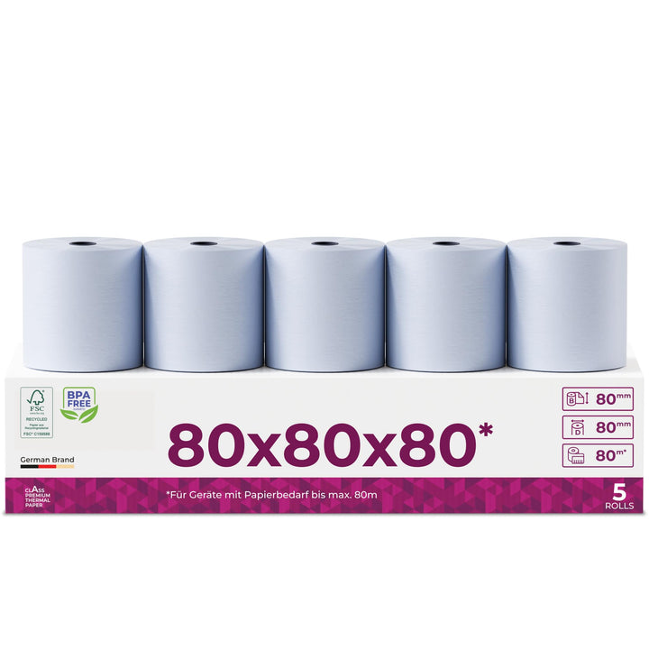 Phenolfreie ÖKO Thermorollen/Bonrollen/Kassenrollen / 80mm x 80m x 12mm (80x80x12) für alle gängigen