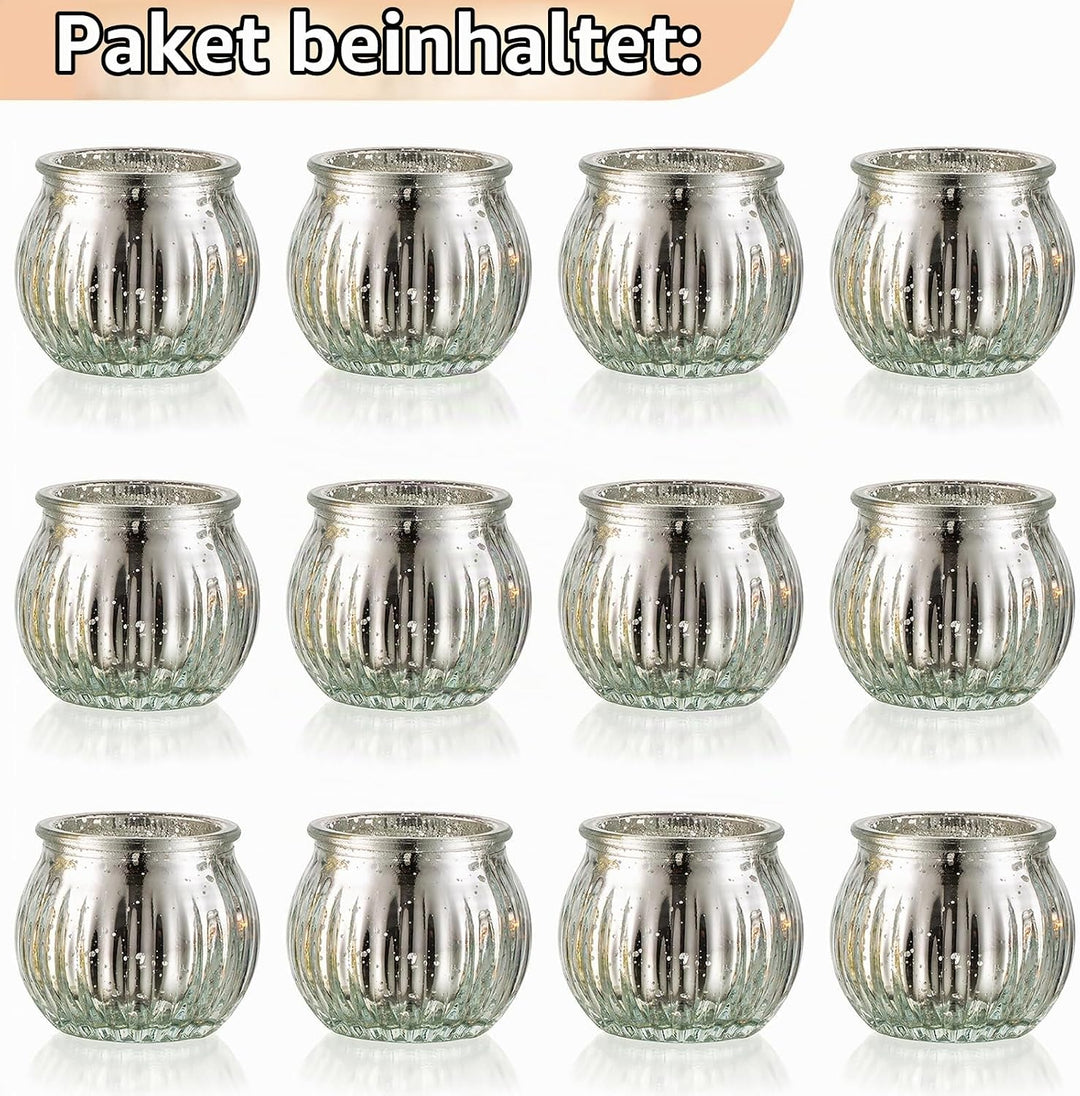 NUPTIO Glas Teelichtgläser Teelichthalter Teelichtglas: 12 Stück Silber Teelichter Halter Set Geripp