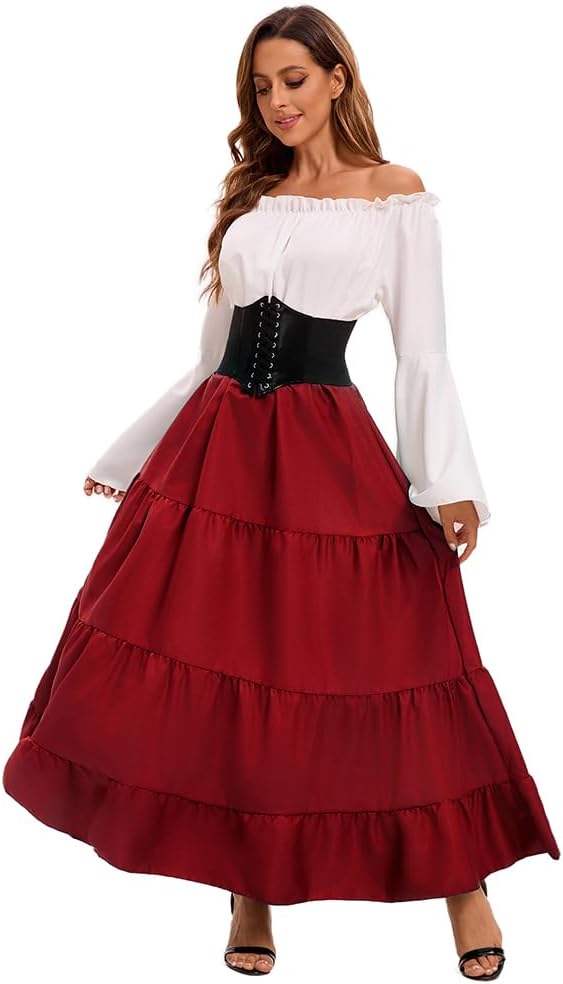 Feynman Damen Retro Mittelalter Kleid mit Trompetenärmel, Mittelalterliche Viktorianischen Königin K