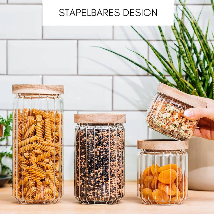 Econovo® Vorratsgläser mit Deckel geriffelt (1000ml | 3-tlg.), stapelbar und luftdicht, Vorratsbehäl
