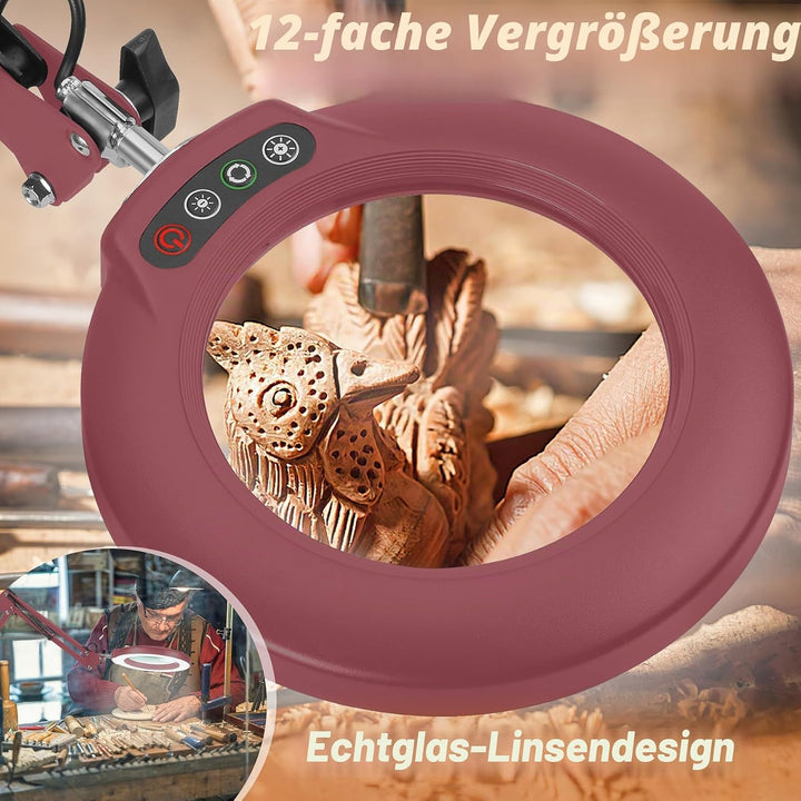Veemagni 10X Lupe mit Licht, 5 Farbmodi Stufenlos Dimmbar 2-in-1 Schreibtischlampe und Klemme, LED B