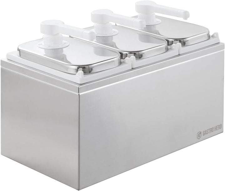 GastroHero Saucenspender 3x 2 Liter – Edelstahl Dosierpumpe & PP-Behälter für Ketchup, Mayonnaise, D