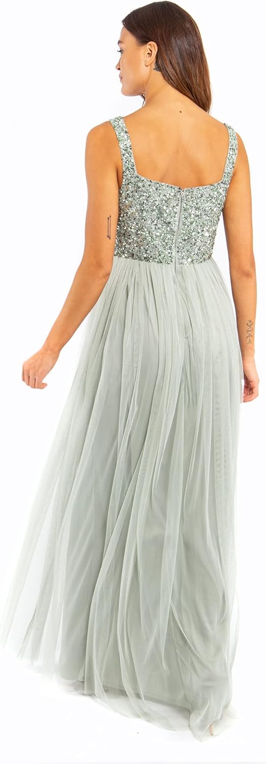 Maya Deluxe Damen Abendkleid Maxi für Hochzeit Breiten Trägern Paillettenverziertung Abschlussball B