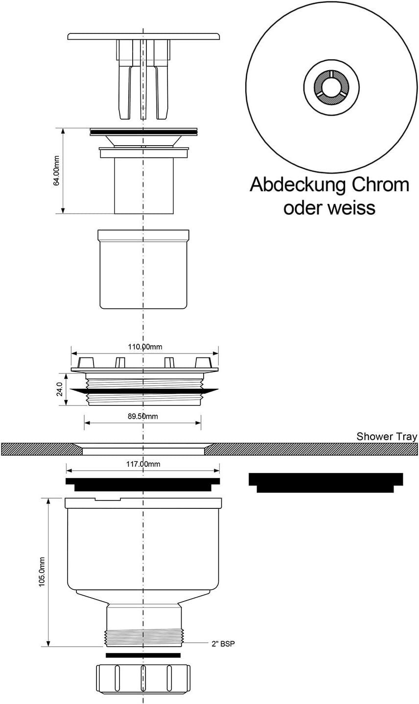 Senkrechte Ablaufgarnitur/Siphon 90mm Chrom für Duschwannen/Duschtassen Dusche Senkrechter Abgang Ch