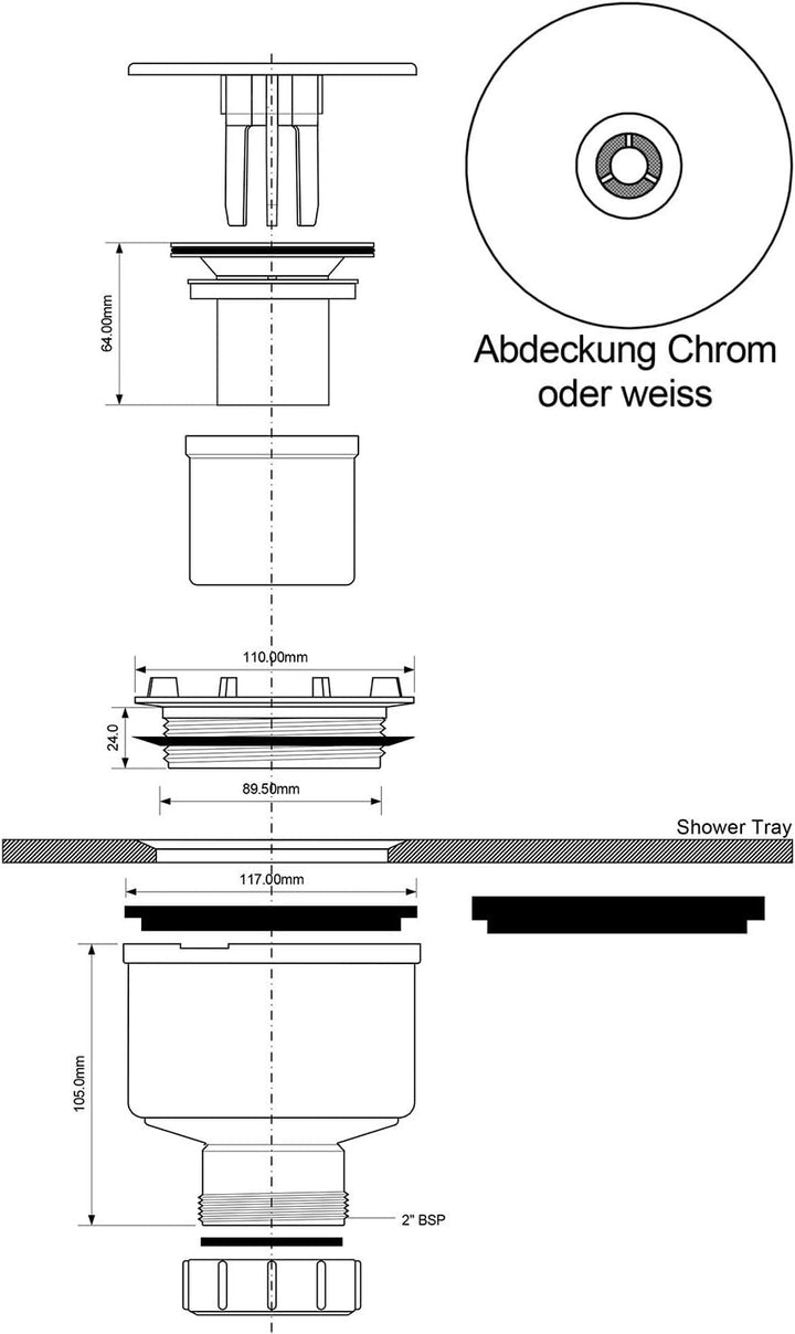 Senkrechte Ablaufgarnitur/Siphon 90mm Chrom für Duschwannen/Duschtassen Dusche Senkrechter Abgang Ch