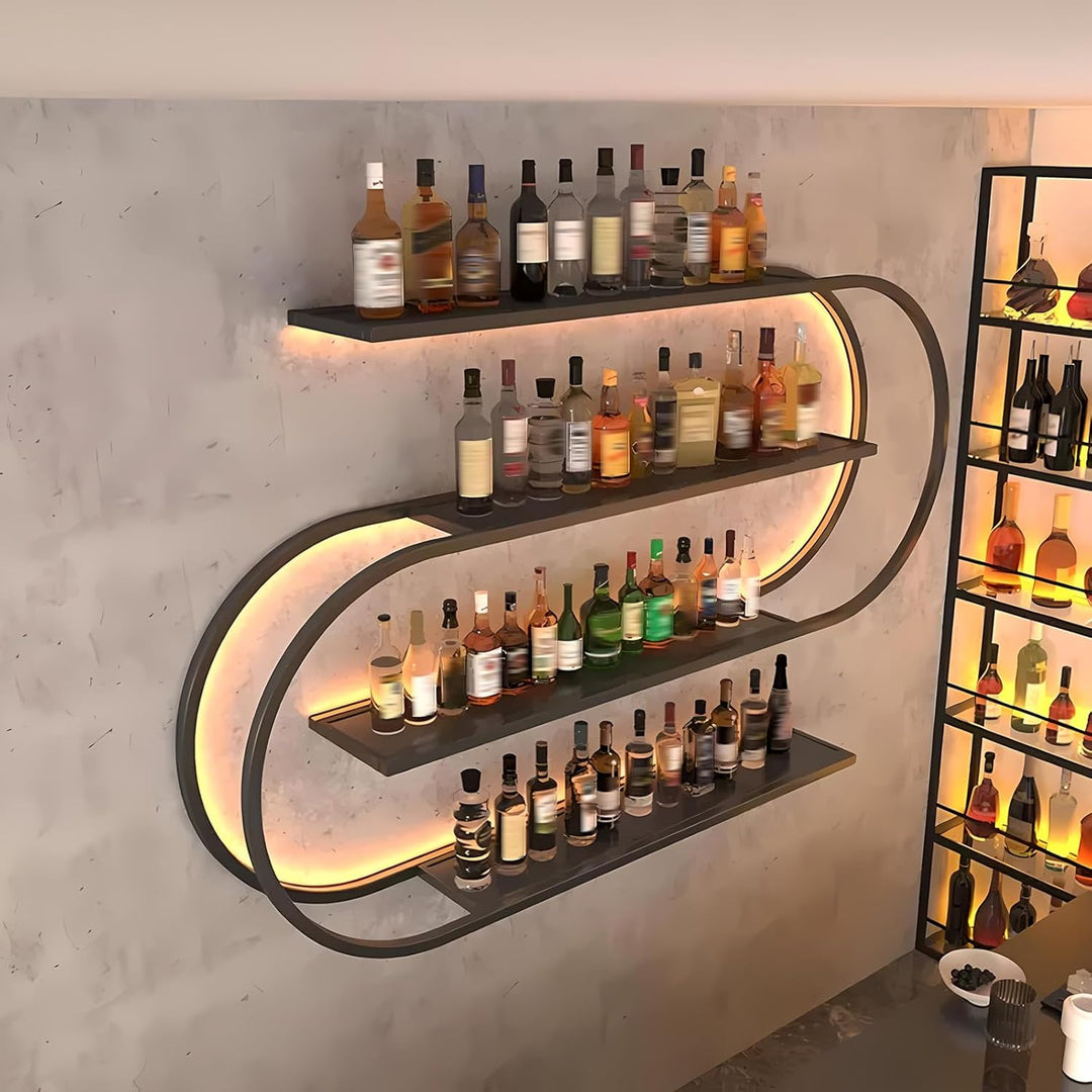 4 Lagig Weinregal zur Wandmontage mit Glashalter, Industrielles Metall Hängender Schwimmender Weinfl