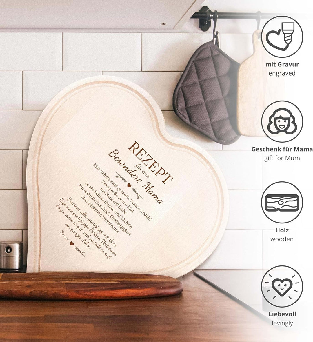 Herz Schneidebrett mit Gravur für Mama, Holz Frühstücksbrett, Muttertagsgeschenk, Schneidebretter, F