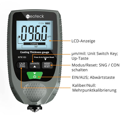 Neoteck Autolack-Schichtdickenmessgerät Handheld mit LCD-Display Hintergrundbeleuchtung für Stahl- u