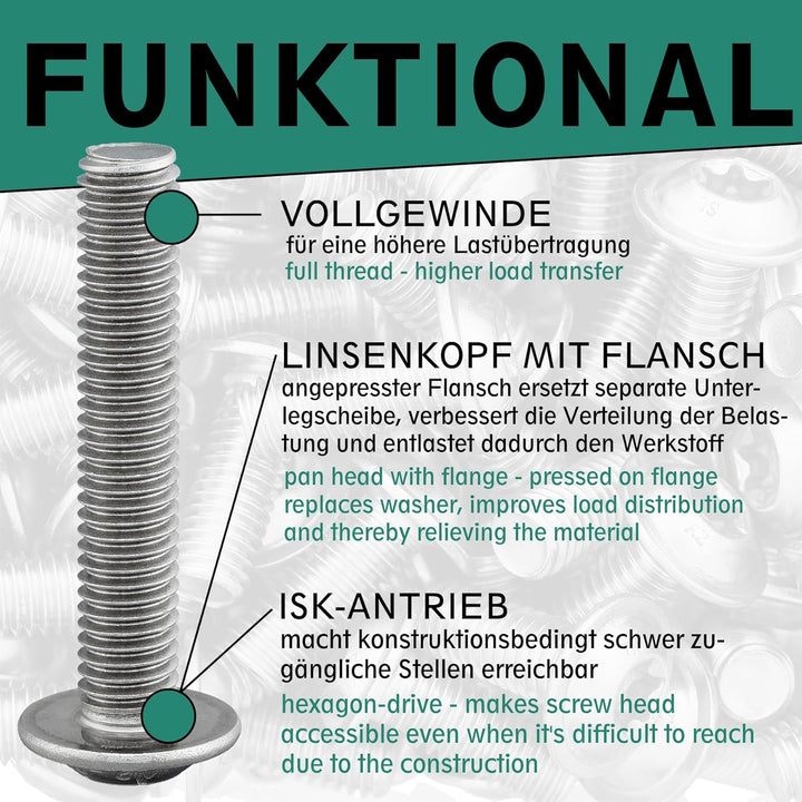 Linsenkopfschraube mit Flansch und Innensechskant (ISK) nach Norm: ISO 7380-2, rostfreier Edelstahl