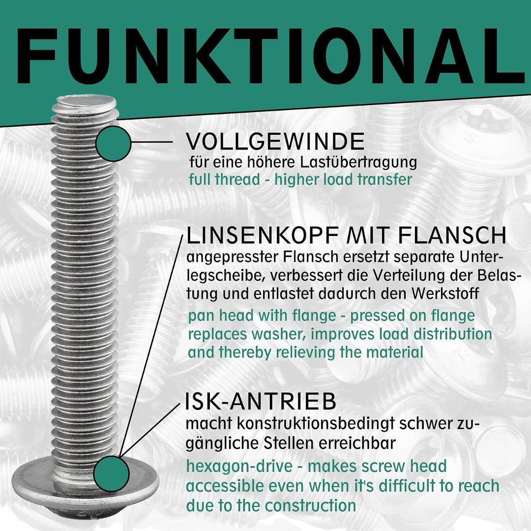 Linsenkopfschraube mit Flansch und Innensechskant (ISK) nach Norm: ISO 7380-2, rostfreier Edelstahl