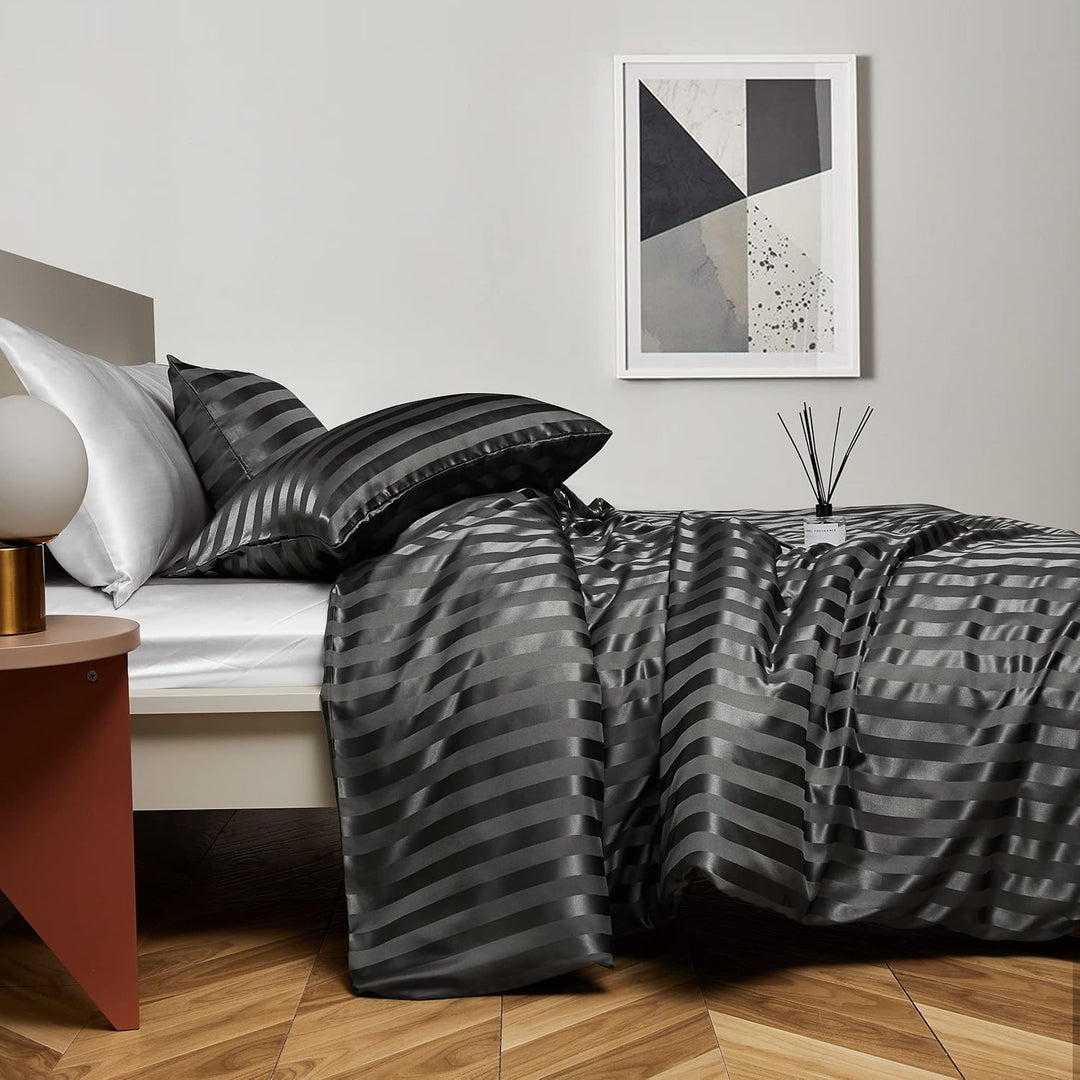 Damier Satin Bettwäsche 155x220cm Grau glänzend gestreift Bettwäsche Set hochwertiges Seidig glatt L