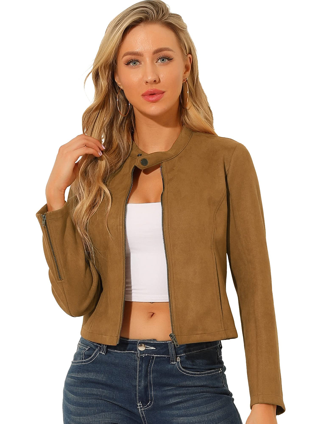Allegra K Damen Faux Wildleder Jacke Stehkragen Reissverschluss Kurze Bikerjacke XS Braun, XS Braun