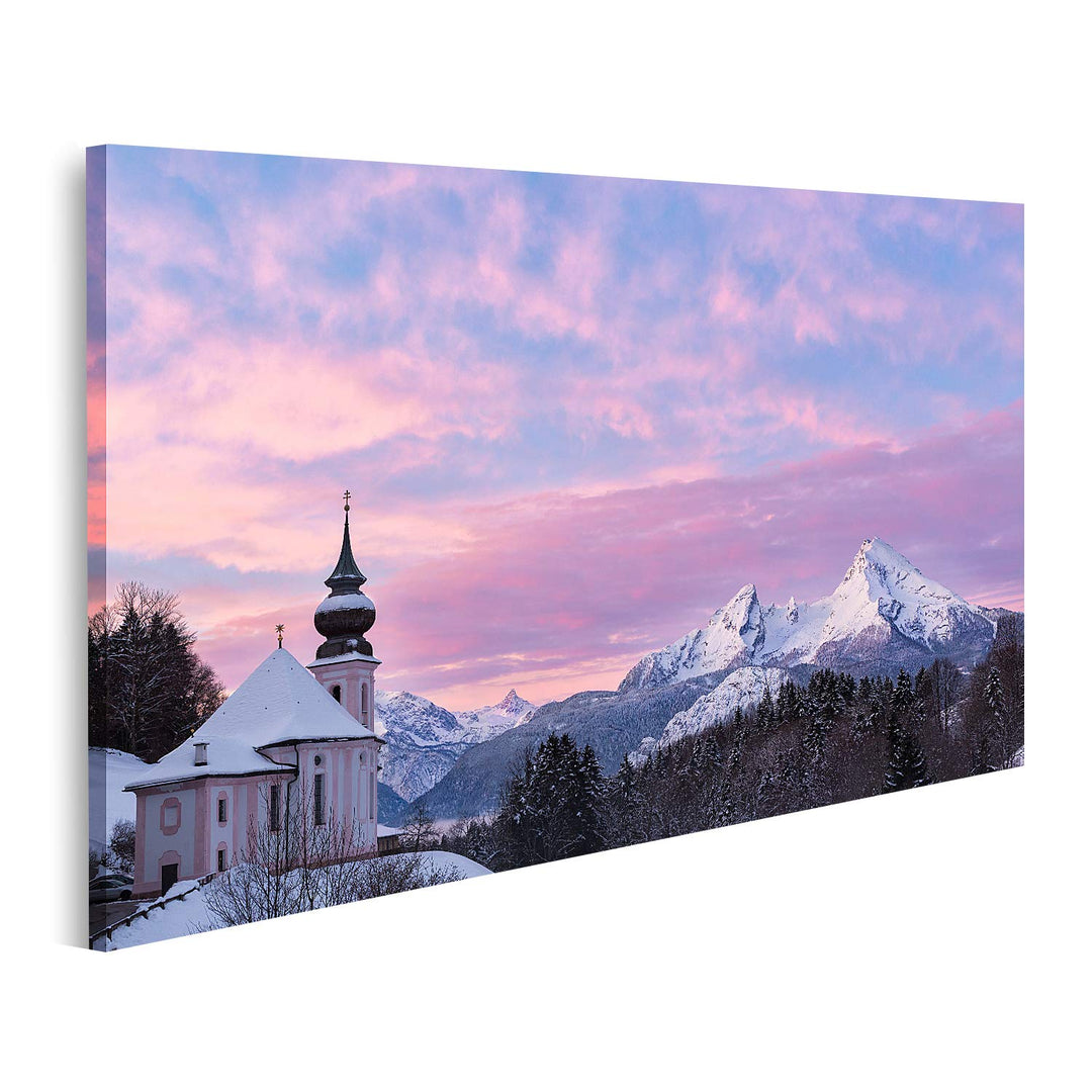 islandburner Bild auf Leinwand Watzmann Sonnenuntergang Kirche Bayern Berchtesgaden Deutschland Alpe