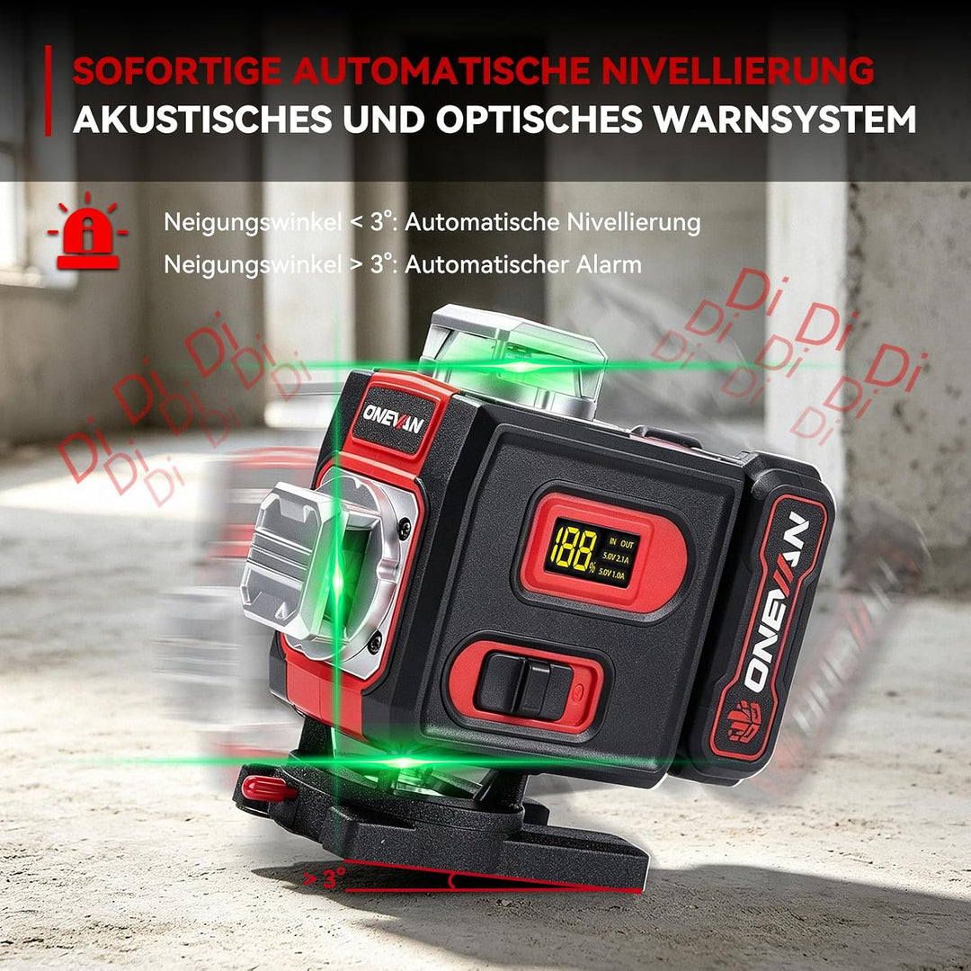 ONEVAN Kreuzlinienlaser mit Stativ, Selbstnivellierend, 360° 4D-Grünlaser | ±3° Selbstnivellierung,