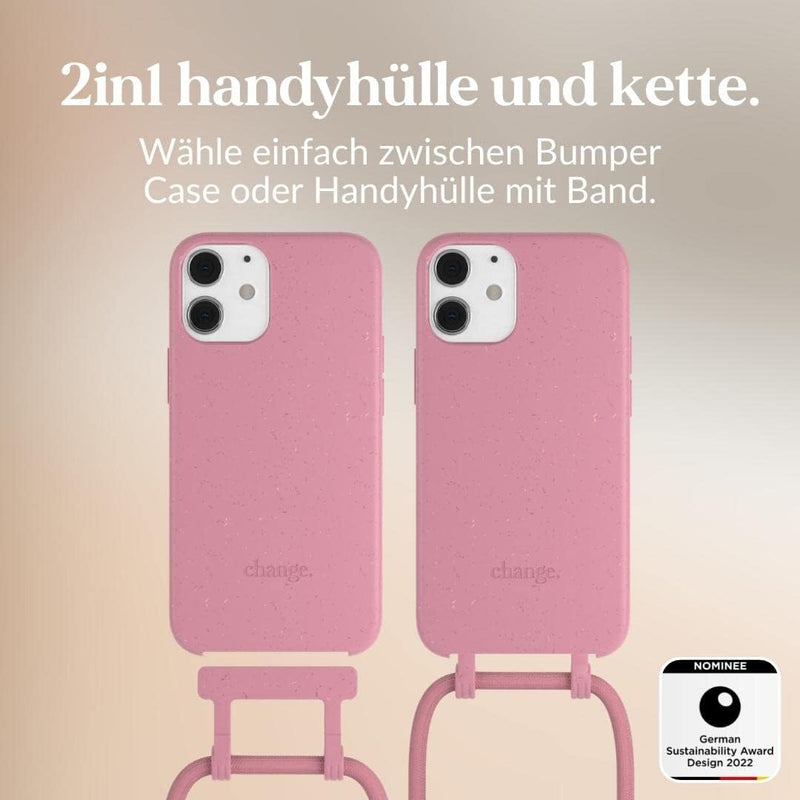 Woodcessories - Nachhaltige Handykette abnehmbar kompatibel mit iPhone 12 Mini Hülle mit Band pink -