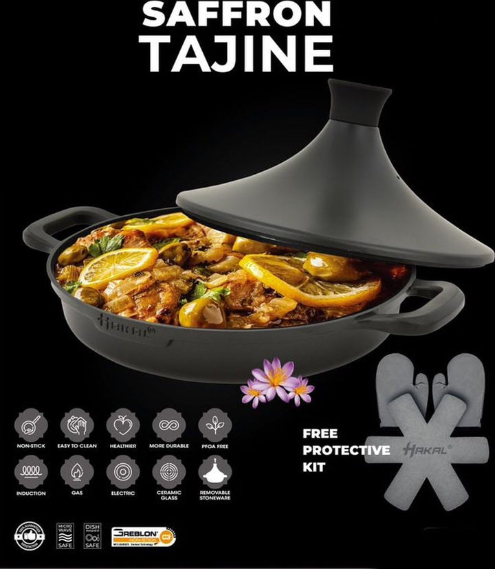 Tajine Safran 30 cm - Antihaft - PFOA free- Geeignet für alle Herdplatten - schwarz inkl. Ofenhandsc