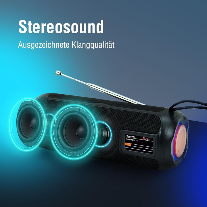 LEICKE DAB+ Radio Tube - Tragbarer Bluetooth Lautsprecher mit DAB+/FM, 4500mAh Akku, RGB-LED Lichter
