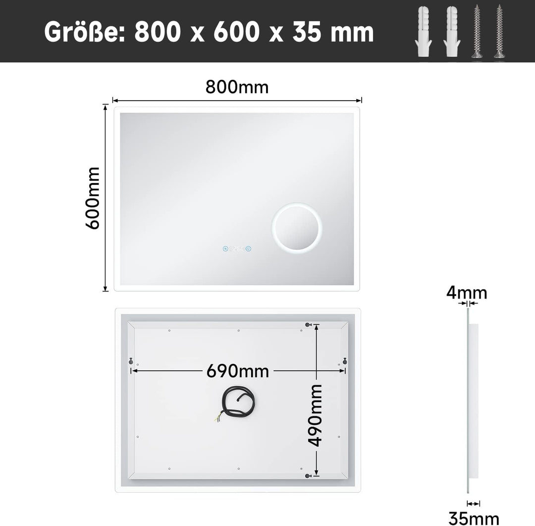 SONNI Badezimmerspiegel mit Beleuchtung 80x60 cm 3 einstellbare Lichtfarbe, Anti-Beschlag LED Badspi