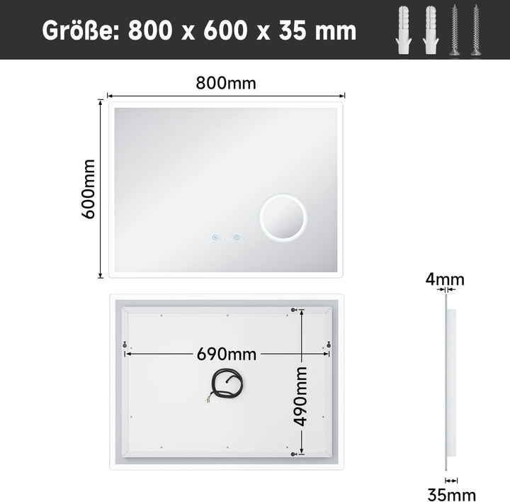 SONNI Badezimmerspiegel mit Beleuchtung 80x60 cm 3 einstellbare Lichtfarbe, Anti-Beschlag LED Badspi