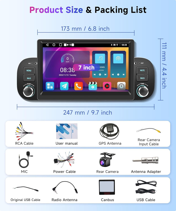 2G+64G Rimoody Android Autoradio für FIAT Panda 2013-2020 7 Zoll Touchscreen Stereo Auto mit Wireles