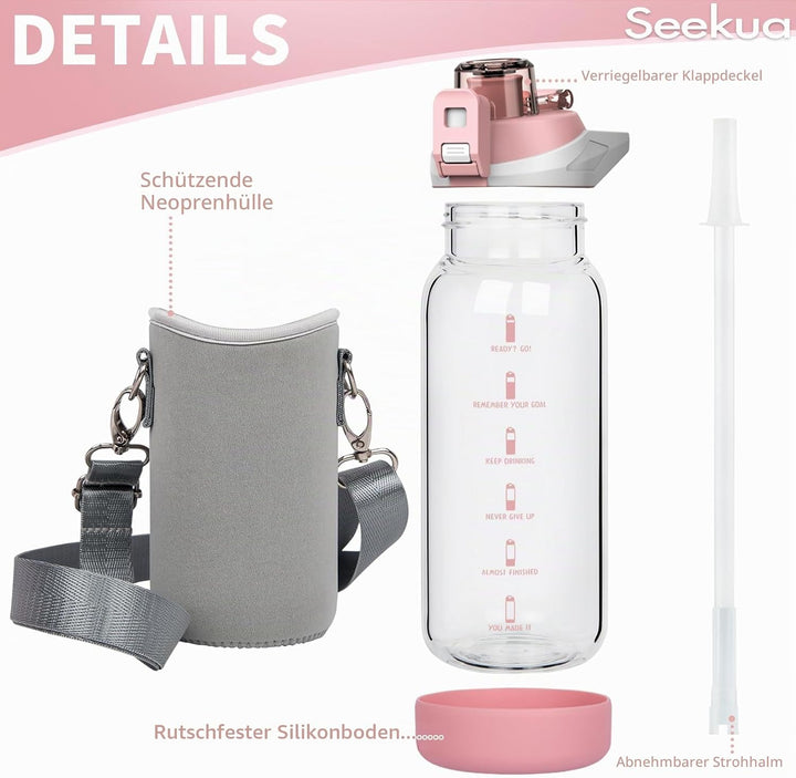 Seekua 0.6l Sport Trinkflasche Glas Flasche mit Strohhalm &amp; Zeitmarkierung für Kinder, Schule 600ml