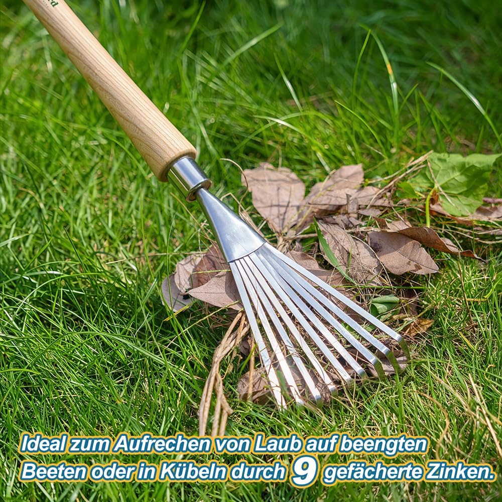 Berry&Bird Hand-Fächerbesen lang 63,2 cm - Rechen mit Stiel aus Eschenholz, Gartenwerkzeug mit 9 Fla