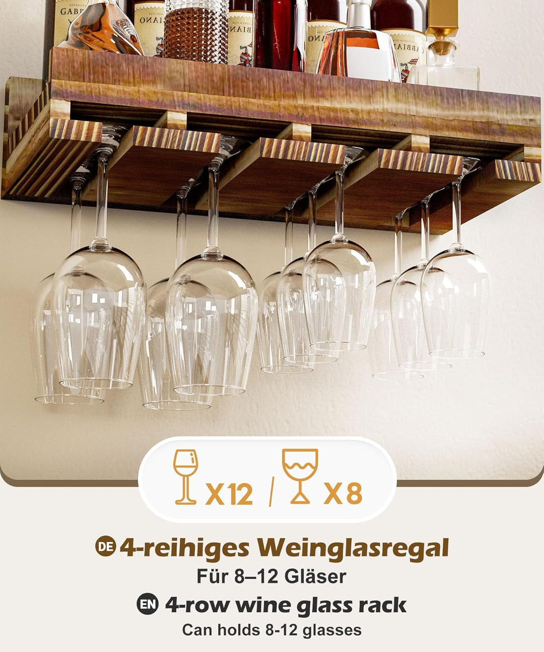 Yorbay 2er-Set Wand Holz Weinregal: Vintage Wandbar aus Beflammtem Palettenholz mit Weinglasregal fü