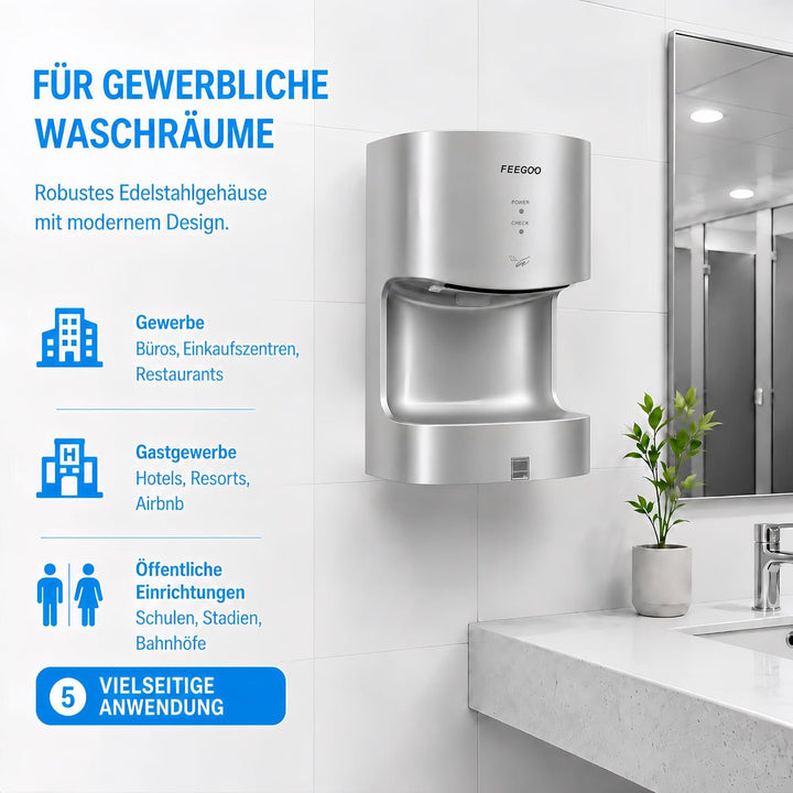 Automatischer Händetrockner mit Auffangschale, 240 V, 1300 W, Silber
