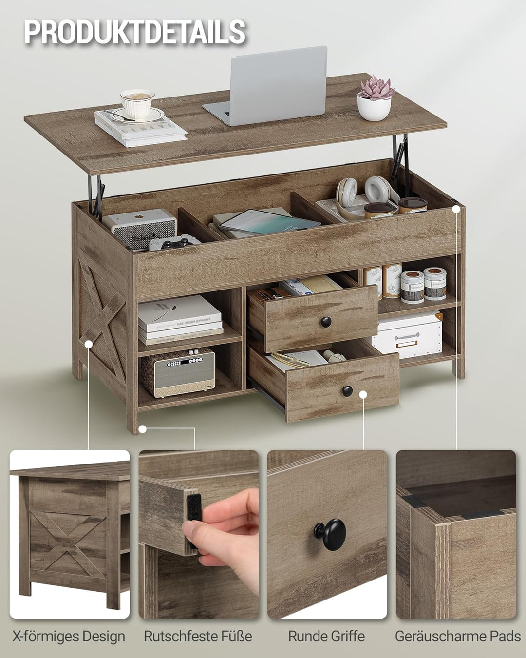 Hzuaneri Couchtisch, höhenverstellbarer Wohnzimmertisch, Sofatisch, 2 Schubladen und Versteckter Sta
