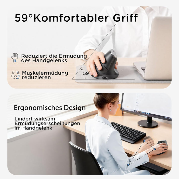 Vertikale maus kabellos, 2,4G ergonomische maus mit Akkuanzeige, 4 Stufen DPI, computermaus für Bequ