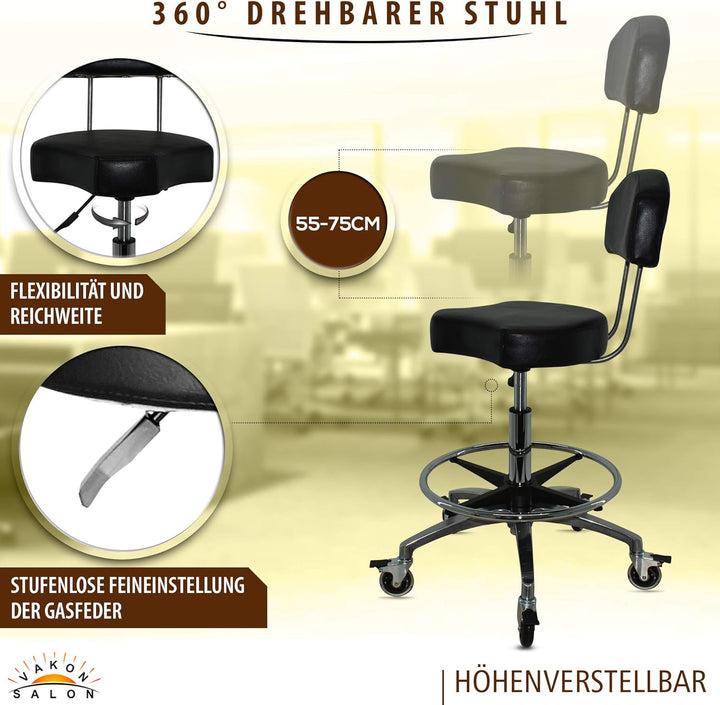 Ergonomischer Rollhocker mit Lehne und Fussring - Premium Rollen mit Bremse - Höhenverstellbarer von