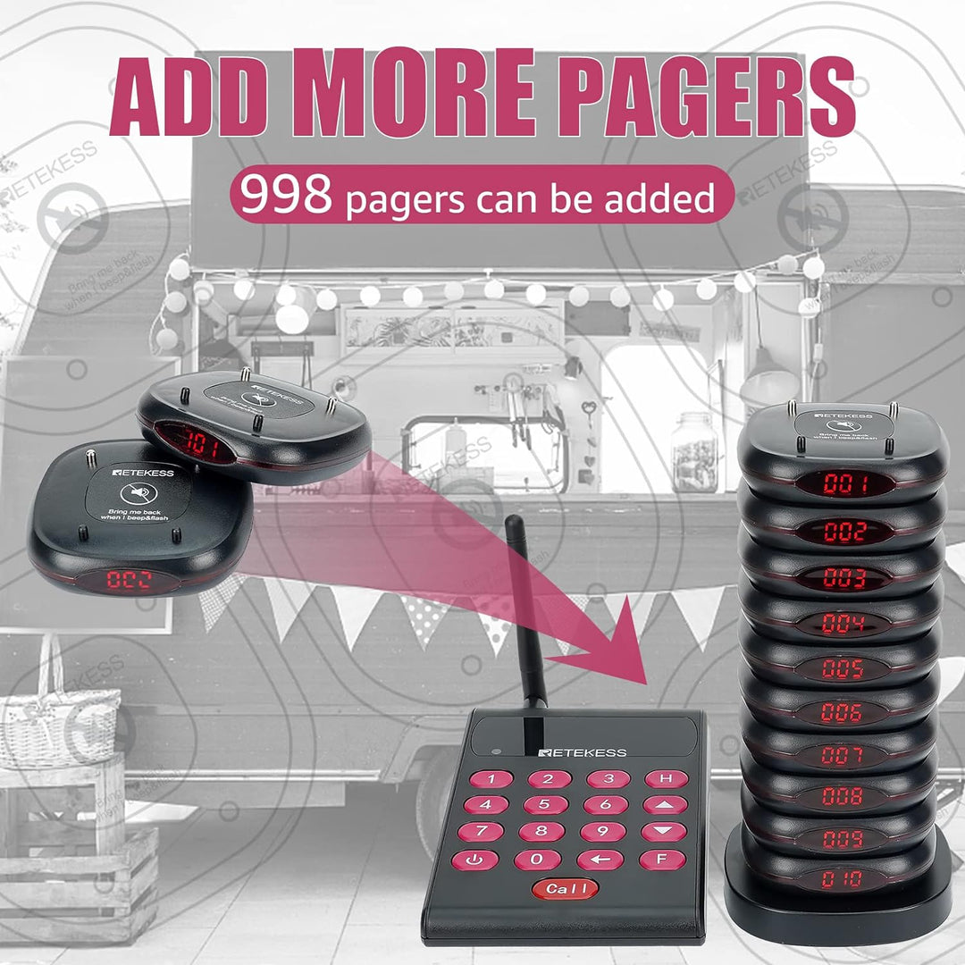 Retekess TD161 Pager Rufsystem mit Halterung, 500M Pager System mit Gebührenfreiem Tastatursender, E