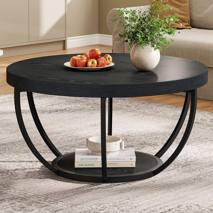 Tribesigns Couchtisch rund Ø80 cm, Industrial 2-Tier-Kreis Couchtisch mit Stauraum, Holztisch Akzent