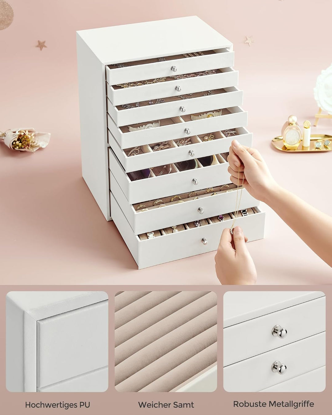 SONGMICS Schmuckkästchen, 8 Ebenen, Schmuckkasten mit Schubladen, Schmuckaufbewahrung geräumig, Schm