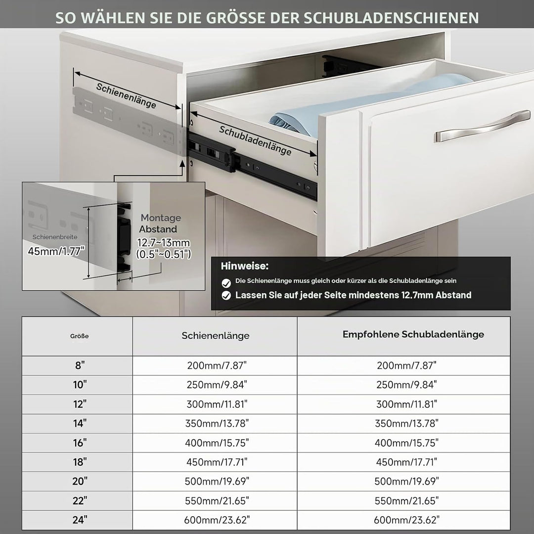 AOLISHENG Kugellager schubladenschienen 450 mm, 3 Falten Vollauszug Kugellager robust 45 kg Tragkraf