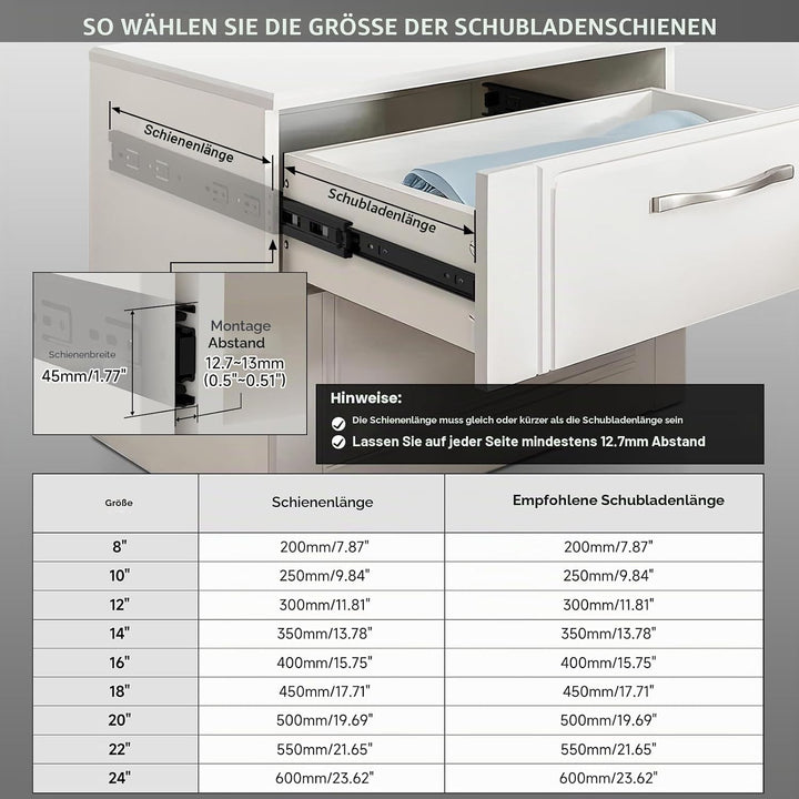 AOLISHENG Kugellager schubladenschienen 450 mm, 3 Falten Vollauszug Kugellager robust 45 kg Tragkraf