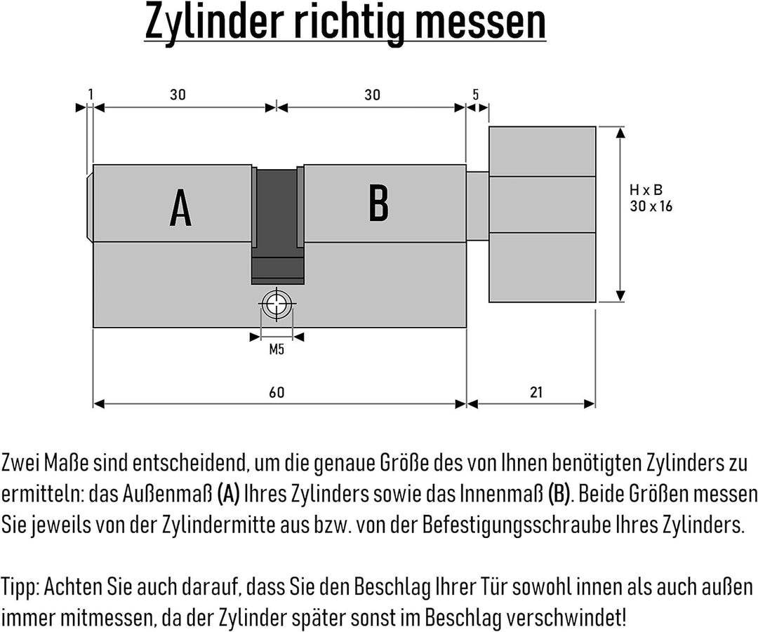 6x Zylinderschloss 60 mm gleichschliessend mit Knauf KD (mit Not- und Gefahrenfunktion) inkl. 30 Wen