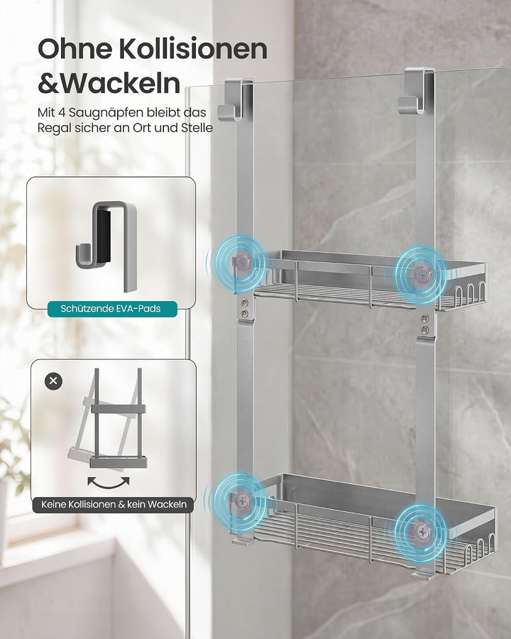 SONGMICS Duschablage ohne Bohren, 2 Ebenen Duschregal zum Hängen, Silber | Badezimmer Organizer mit