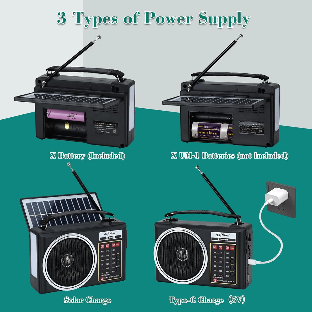 Tragbares Retro-Radio, kompaktes AM/FM/SW-Bluetooth-Radio mit Solarpanel, tragbare LED-Beleuchtung,