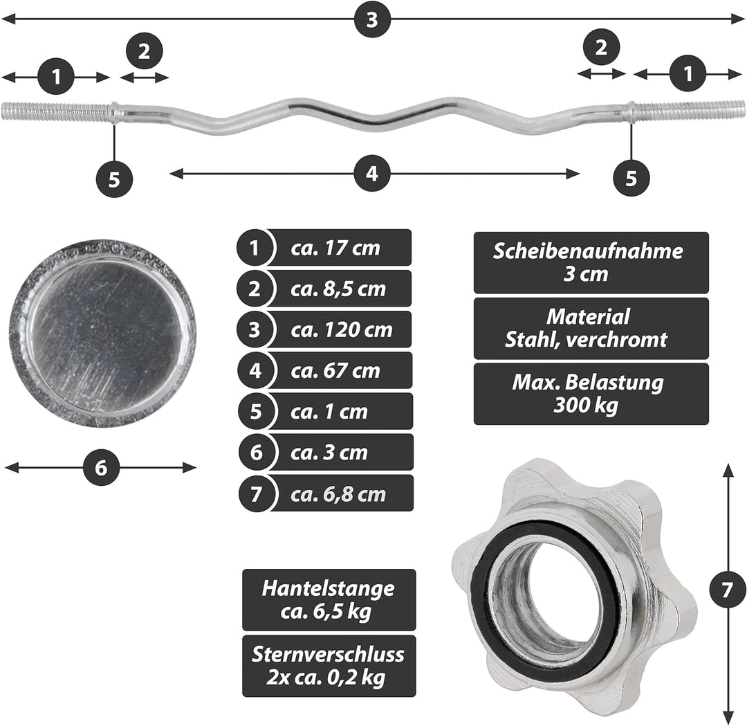 MAXXIVA Curl-Set 120 cm 26 kg 8 Gewichte Gusseisen Krafttraining Zugstange silber verchromt Workout