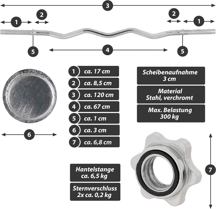 MAXXIVA Curl-Set 120 cm 26 kg 8 Gewichte Gusseisen Krafttraining Zugstange silber verchromt Workout