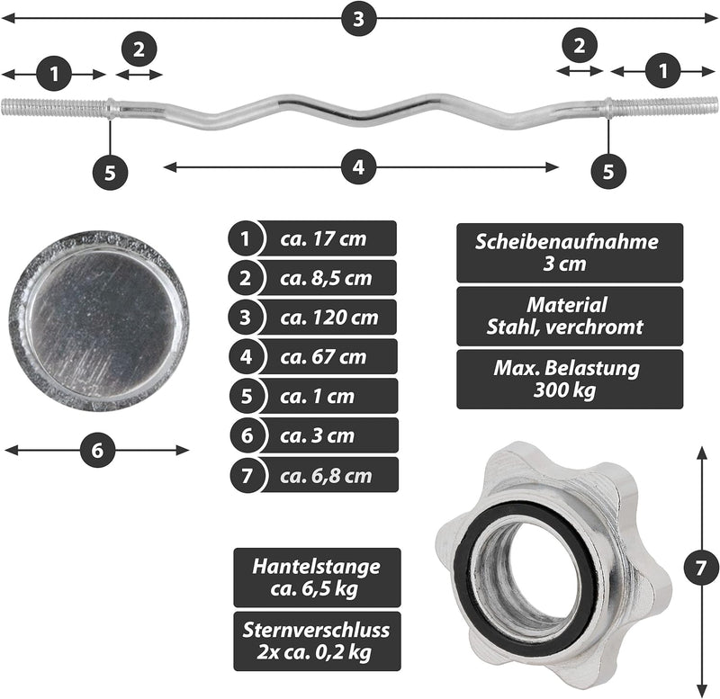 MAXXIVA Curl-Set 120 cm 26 kg 8 Gewichte Gusseisen Krafttraining Zugstange silber verchromt Workout