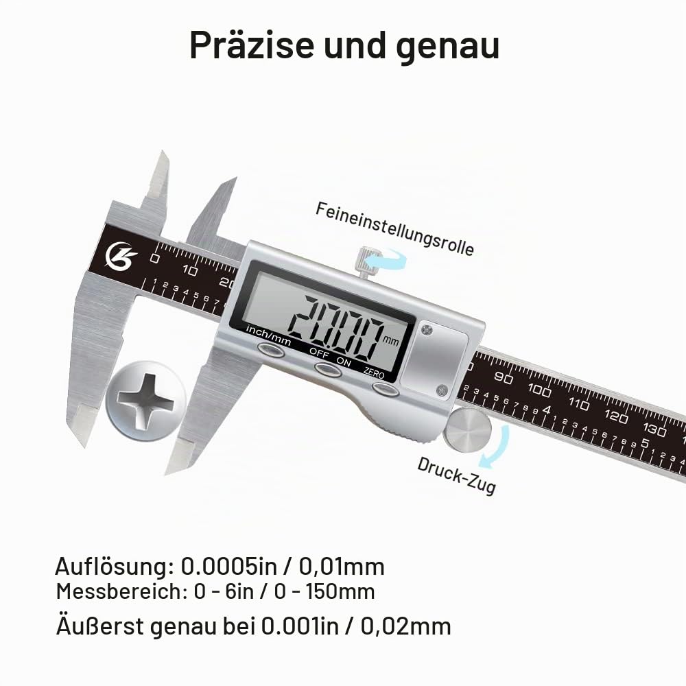 KETOTEK Messschieber Digital Schieblehre Edelstahl, 150mm / 6-Zoll Schublehre mit Ersatzbatterie, Ca