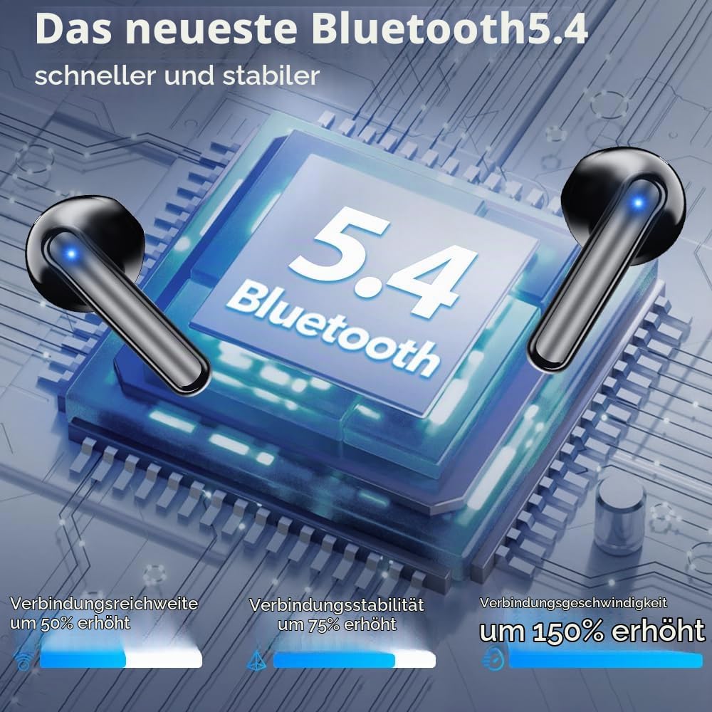 Kopfhörer Kabellos Bluetooth 5.4, In Ear mit 6 ENC Mikrofon Bluetooth Kopfhörer, 60 Std Stereo Kabel