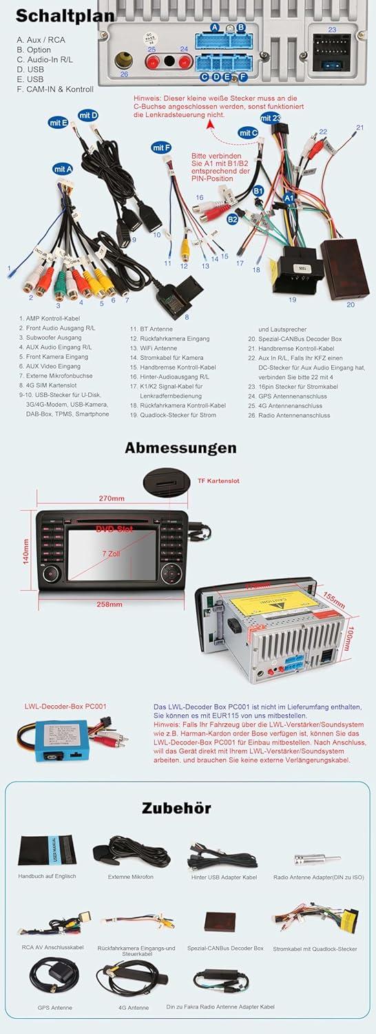 Erisin 8-Kern 4GB+64GB 7 Zoll Android 16 Autoradio GPS Navigation Für Mercedes ML-Klasse W164 GL-Kla